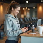 Jeune femme souriante vérifiant son app gym sur smartphone