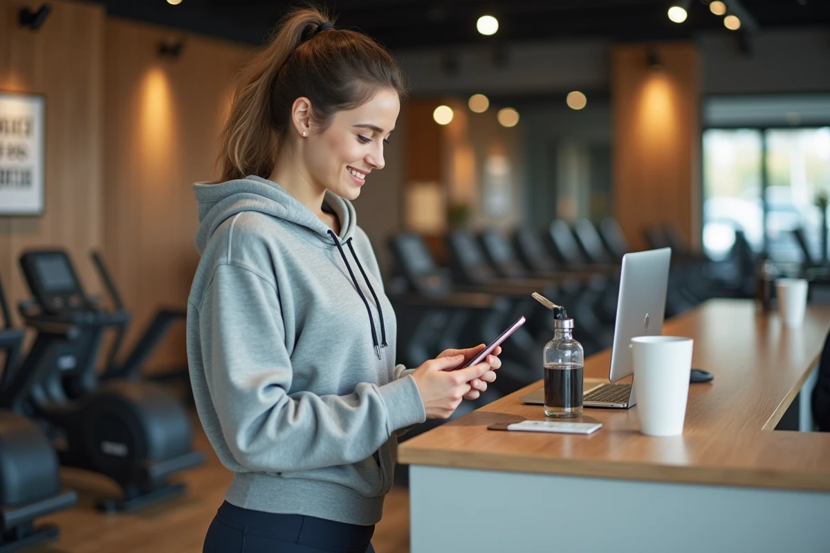 Jeune femme souriante vérifiant son app gym sur smartphone