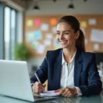 Jeune femme en bureau moderne avec plan d'affaires startup
