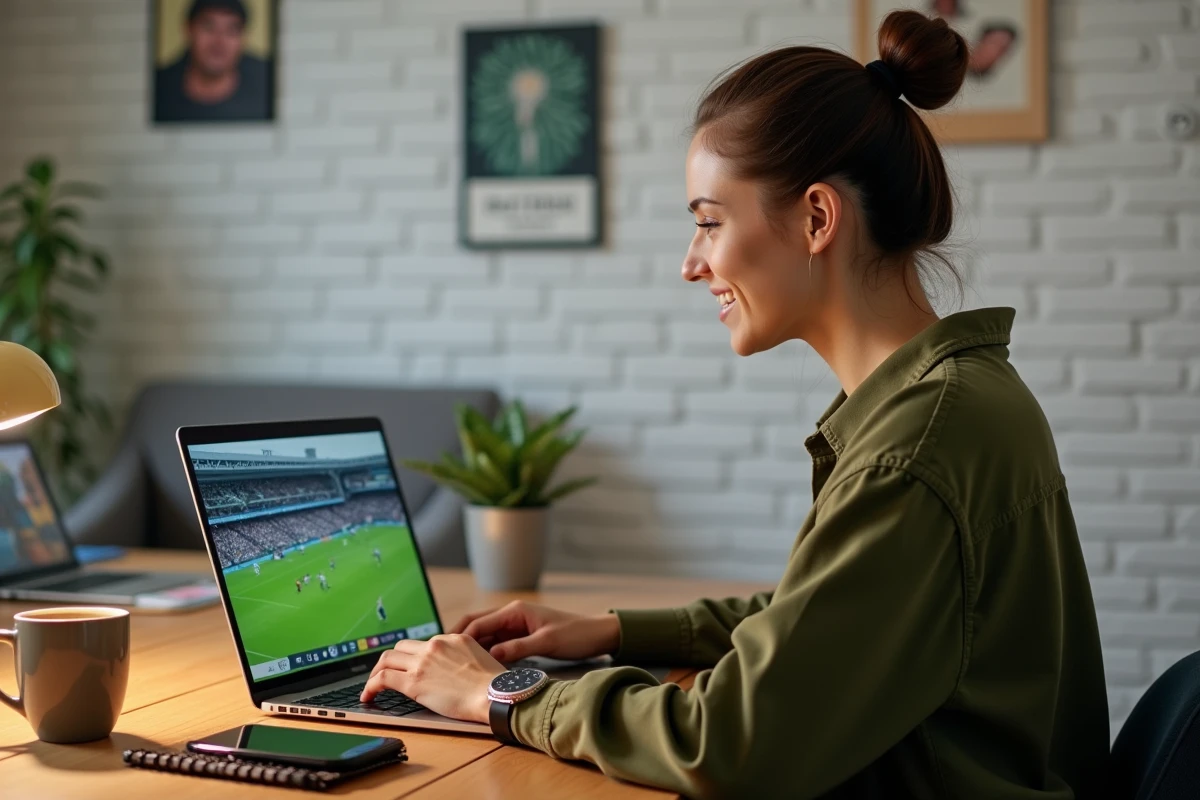 Femme regardant un match de rugby en streaming sur son ordinateur portable au bureau