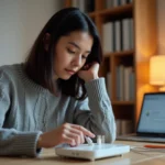 Femme en télétravail connectant un câble Ethernet à un routeur Wi-Fi dans un bureau à domicile
