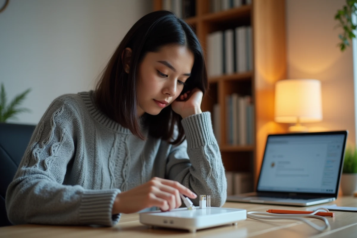 Femme en télétravail connectant un câble Ethernet à un routeur Wi-Fi dans un bureau à domicile