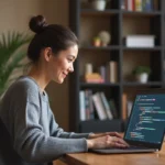 Femme concentrée devant un ordinateur portable suivant un tutoriel informatique dans un bureau à domicile moderne
