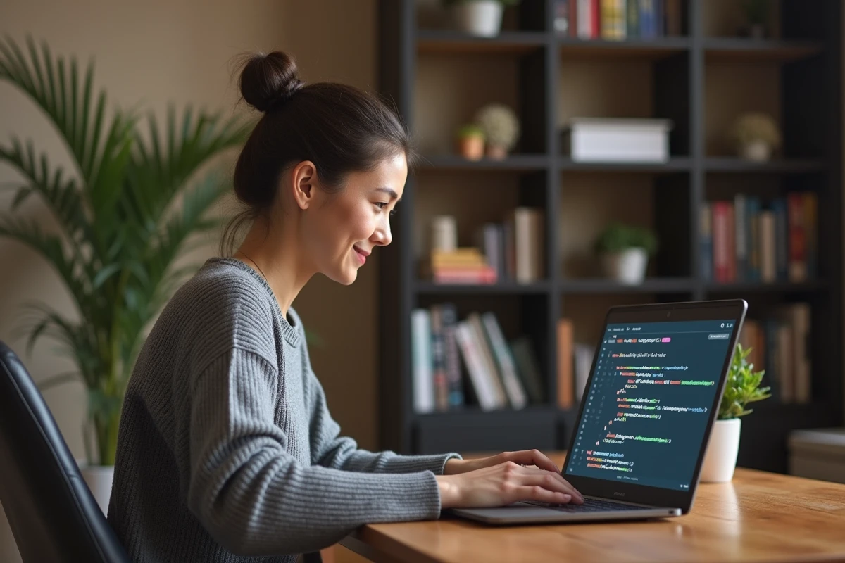 Femme concentrée devant un ordinateur portable suivant un tutoriel informatique dans un bureau à domicile moderne