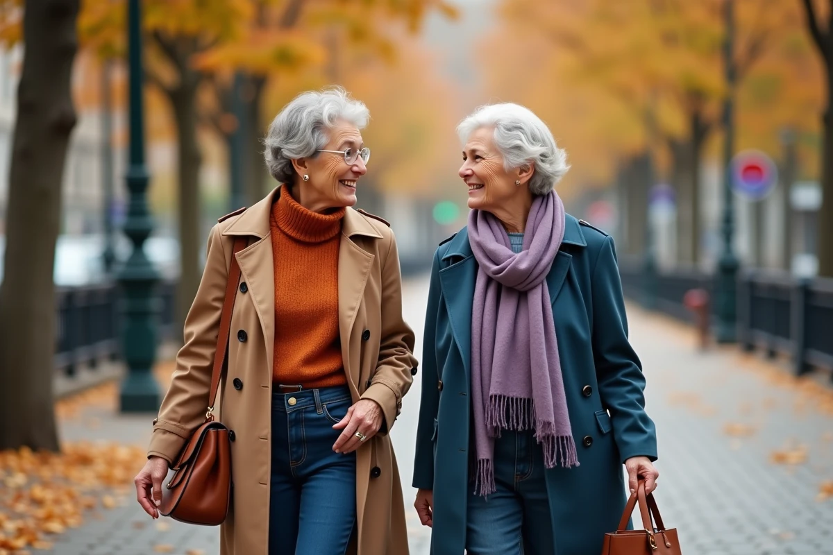 Deux femmes élégantes de plus de 60 ans se promenant en ville avec des tenues aux couleurs complémentaires automnales