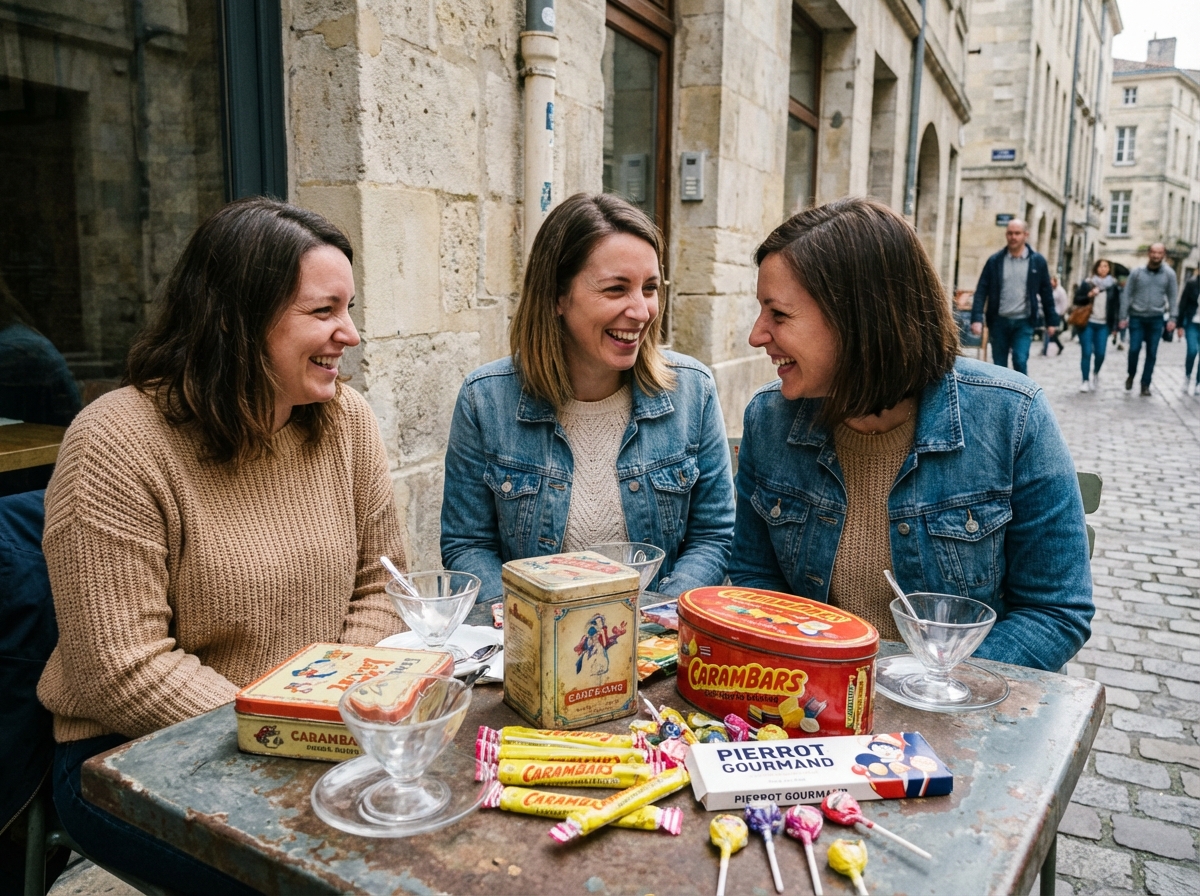 Trois femmes discutant autour de bonbons au café