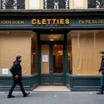Façade de la boutique Bouchara Paris 9 fermée avec affiche de liquidation visible depuis le trottoir