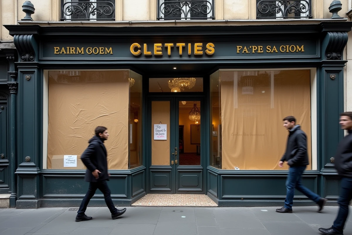 Façade de la boutique Bouchara Paris 9 fermée avec affiche de liquidation visible depuis le trottoir