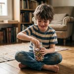 Jeune garçon souriant avec bonbons français vintage