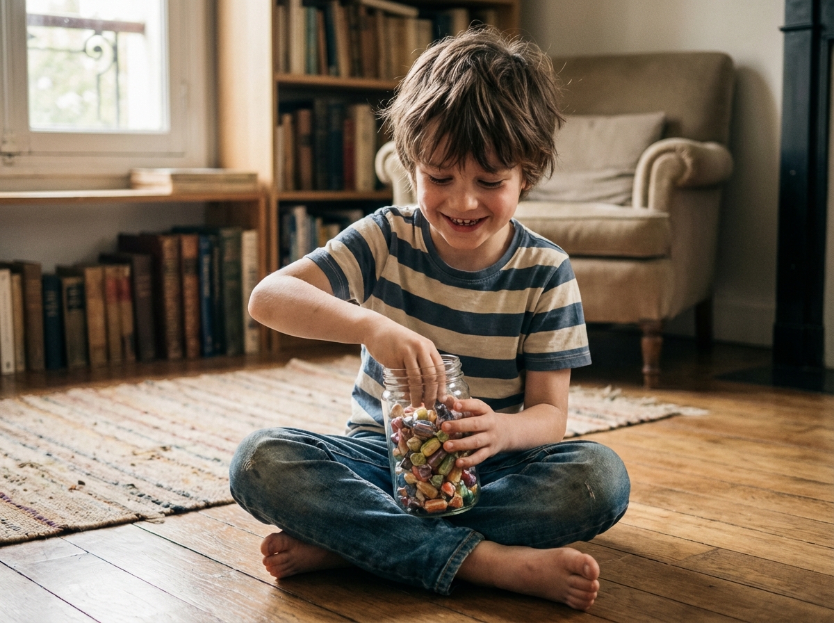 Jeune garçon souriant avec bonbons français vintage