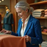 Femme élégante de plus de 60 ans choisissant des couleurs de vêtements dans une boutique parisienne raffinée