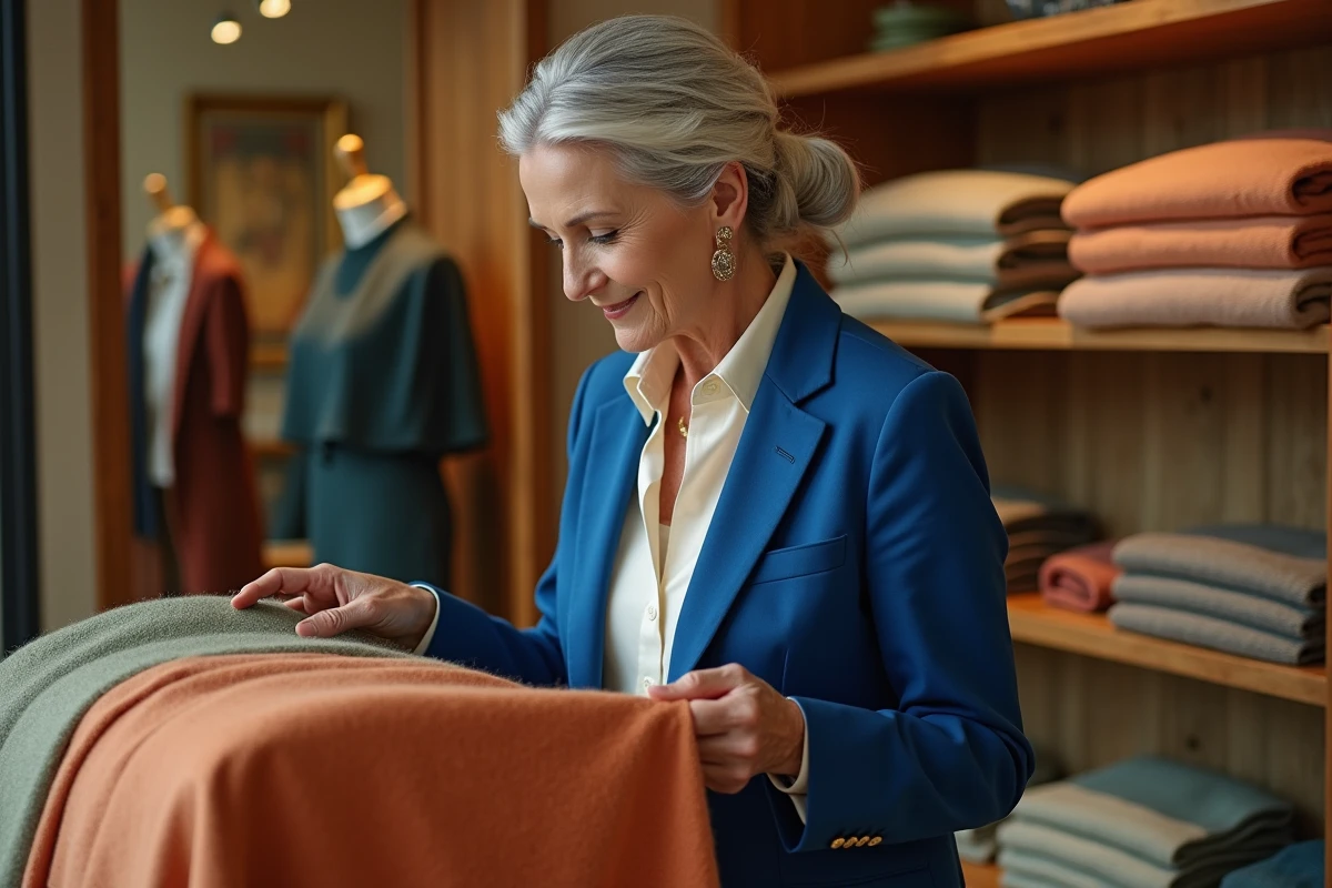 Femme élégante de plus de 60 ans choisissant des couleurs de vêtements dans une boutique parisienne raffinée