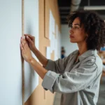 Graphiste mesurant un grand format d'affiche standard accroché dans un studio créatif moderne
