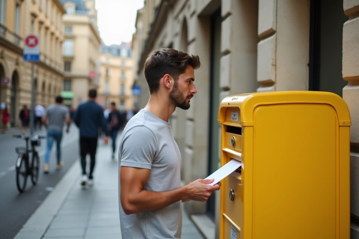 Jeune homme hésitant devant une boîte aux lettres jaune La Poste tenant une enveloppe destinée à La Banque Postale