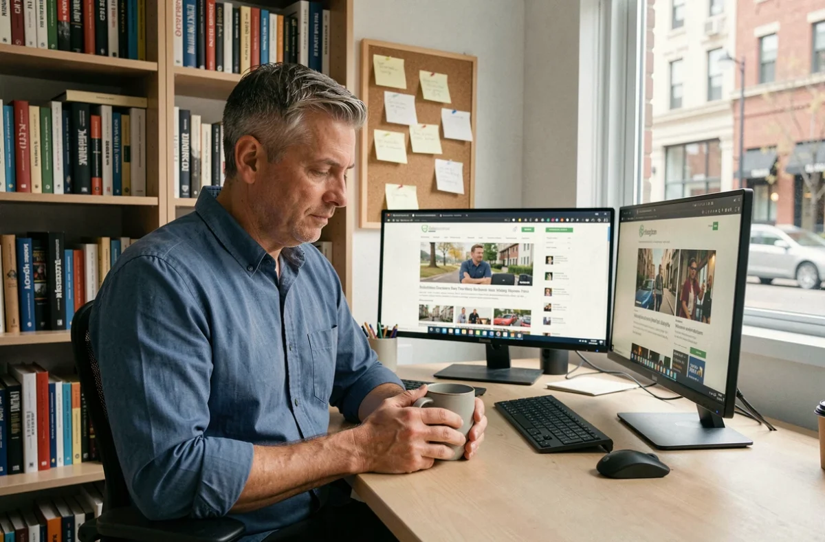 Un père dans son bureau à domicile consulte des sites web éducatifs et informatifs fiables sur deux écrans