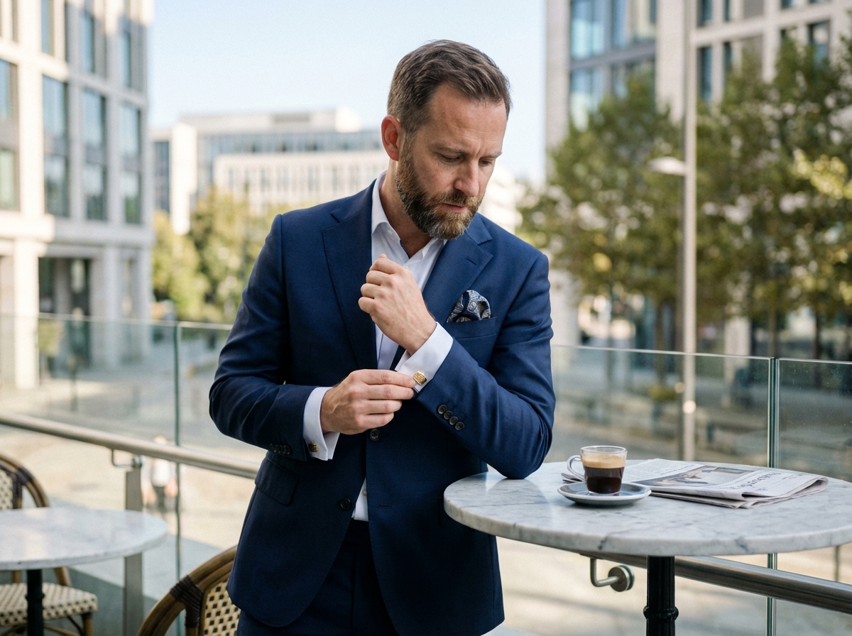 Homme en costume ajustant une manchette en or dans un café urbain