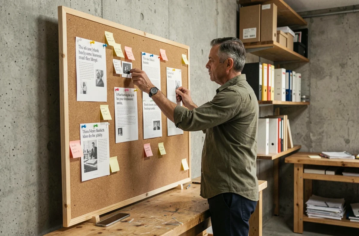 Homme organisant un exemplier sur un tableau en liège dans un studio créatif, montrant la construction d'un recueil de références textuelles