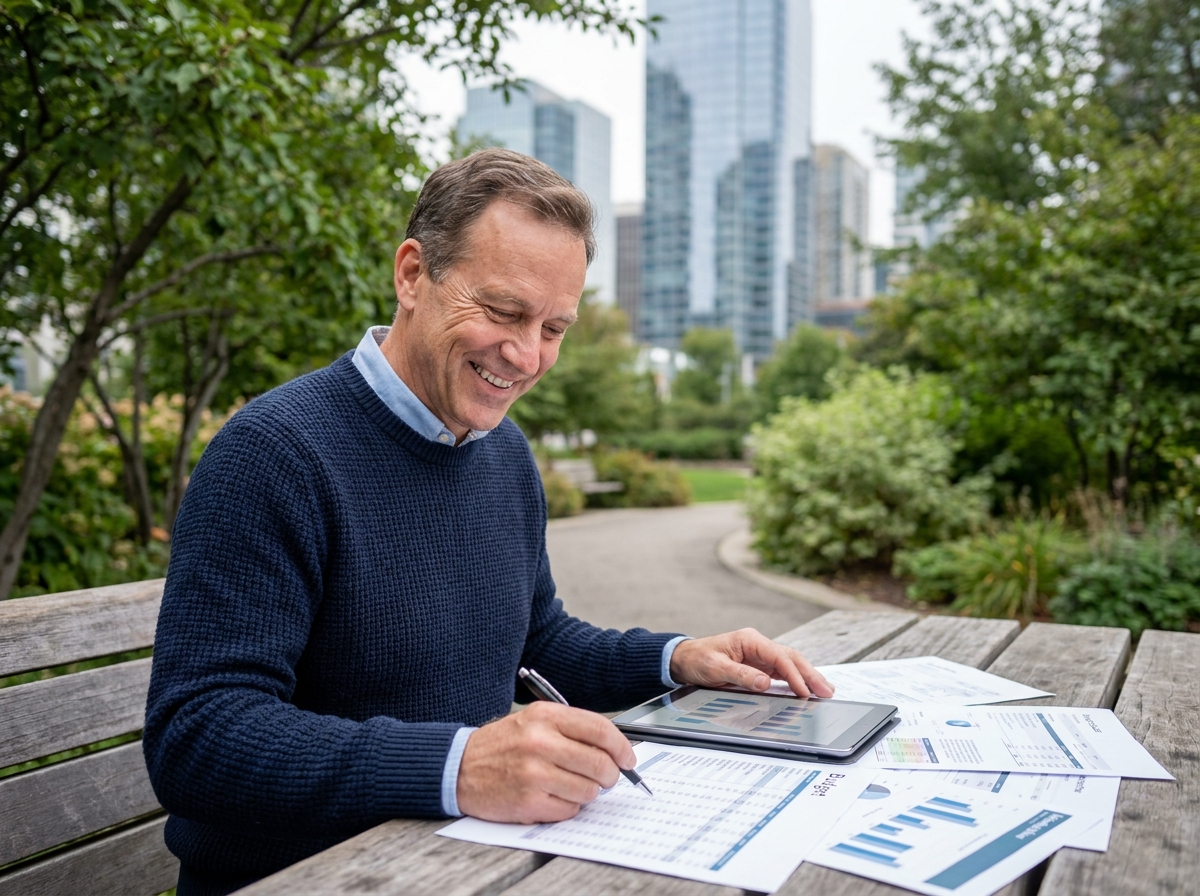 Homme souriant utilisant une tablette dans un parc urbain