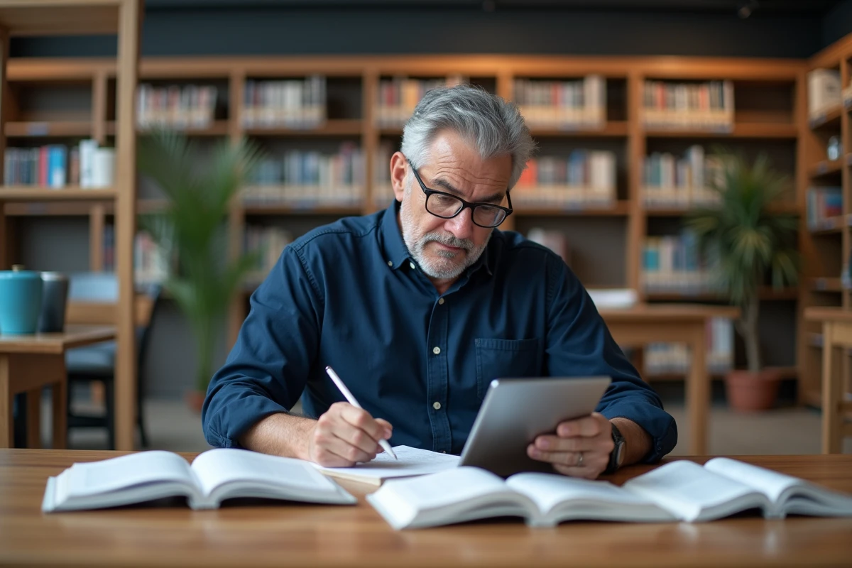Homme prenant des notes sur les ressources informatiques dans une bibliothèque publique entouré de livres techniques