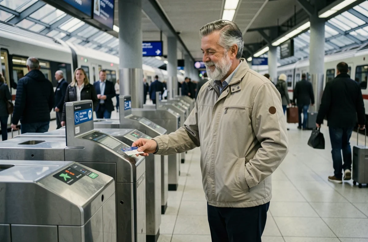 Homme senior utilisant sa carte de transport gratuite dans une gare ferroviaire