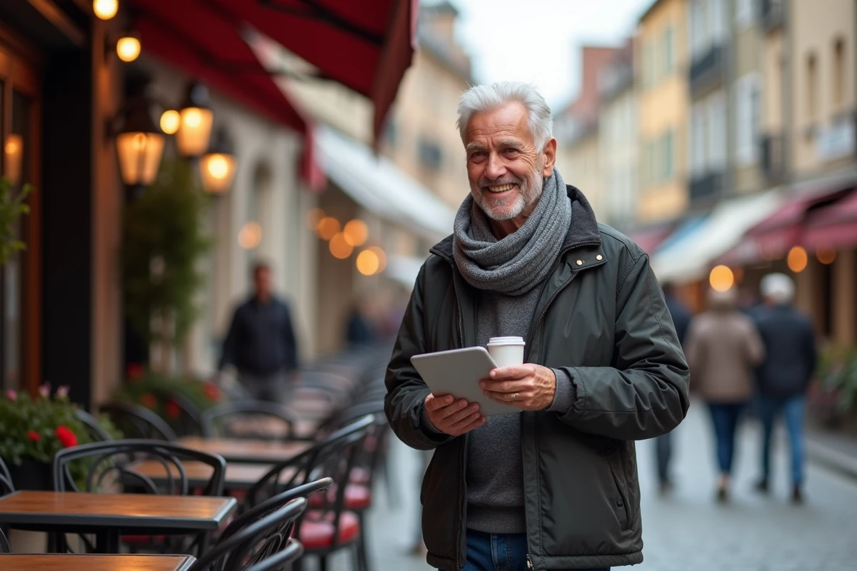 Homme âgé utilisant une tablette dans un café en plein air
