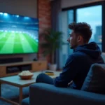 Homme regardant un match de sport en streaming sur sa télévision dans son salon