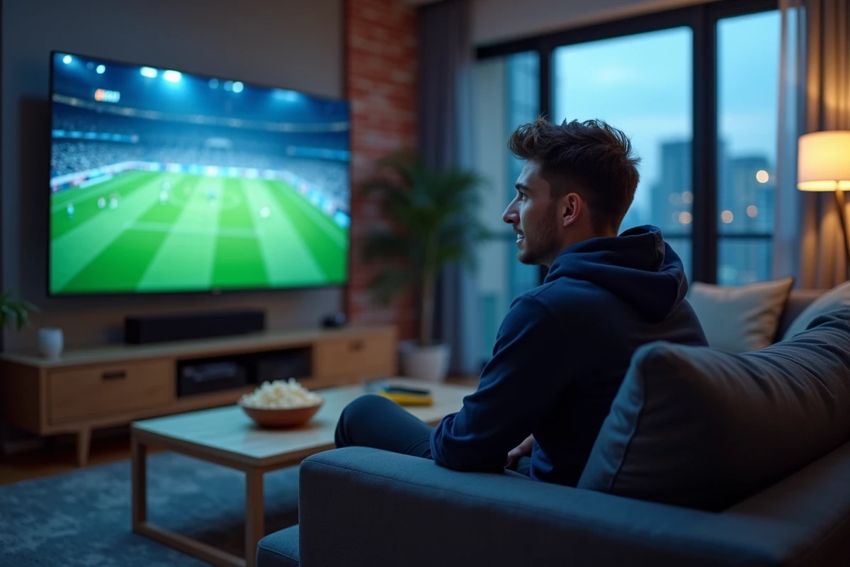 Homme regardant un match de sport en streaming sur sa télévision dans son salon