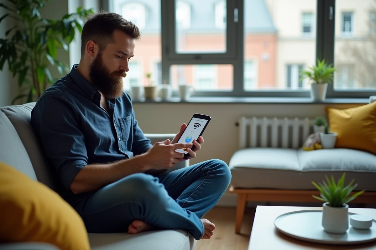 Homme en télétravail analysant la qualité du signal Wi-Fi sur son smartphone dans son salon