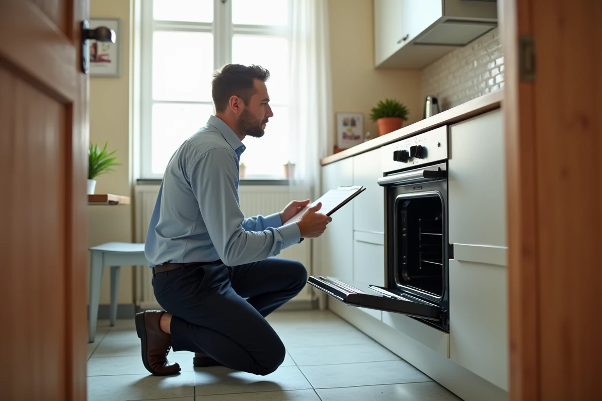 Homme professionnel inspectant un four dans une cuisine louée