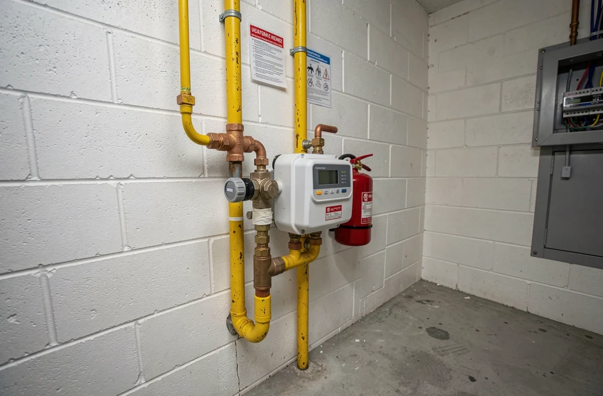 Installation complète de compteur de gaz de ville avec tuyauterie cuivre et régulateur de pression dans une chaufferie résidentielle