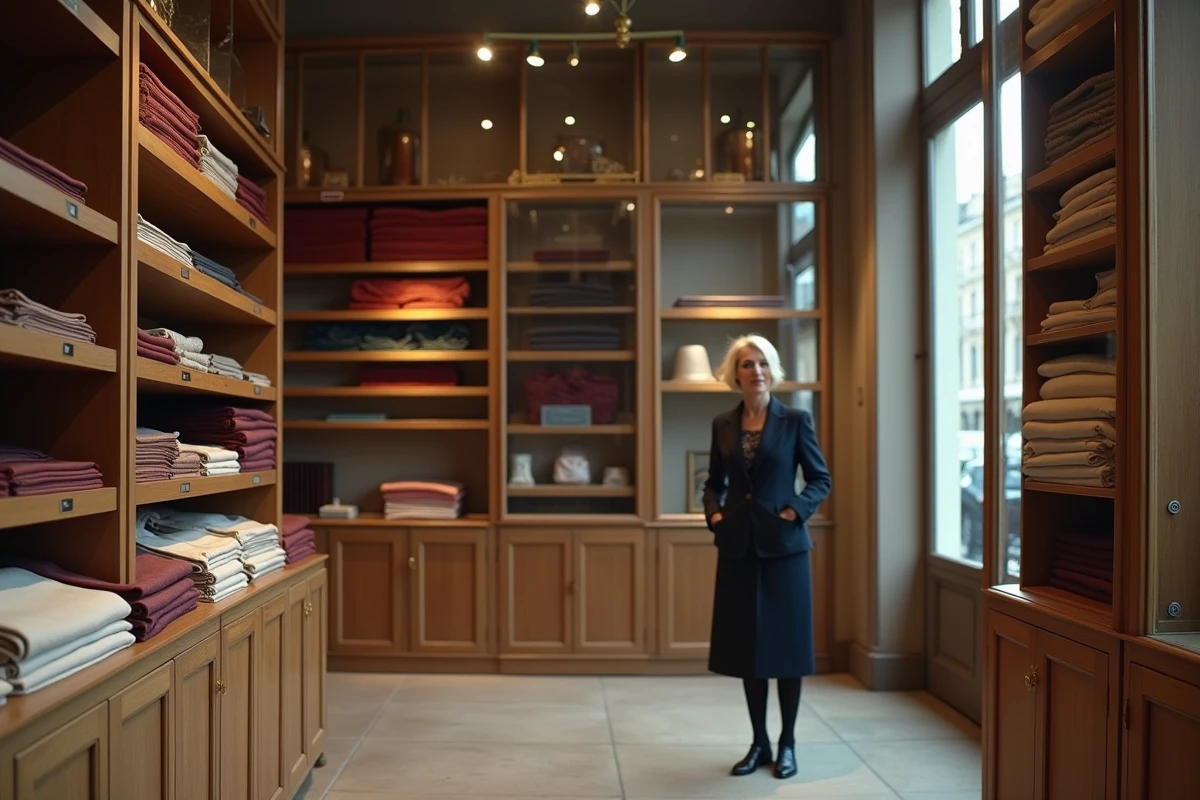 Intérieur presque vide de la boutique Bouchara Paris avec rayonnages dégarnies lors de la liquidation finale