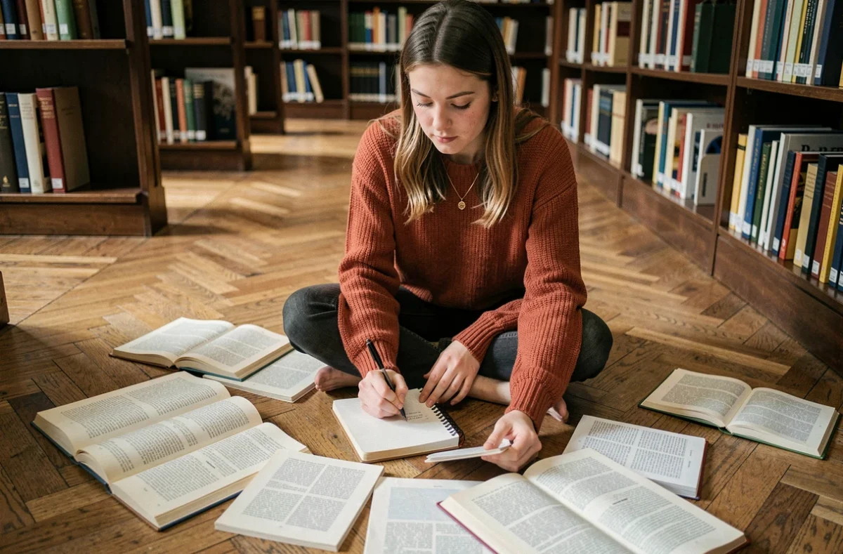 Jeune femme étudiant un exemplier entourée de livres dans une bibliothèque, illustrant la recherche et l'analyse d'exemples textuels