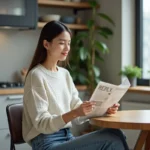 Jeune femme lisant un journal dans une cuisine moderne