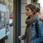 Jeune femme examine une annonce de location dans une rue urbaine parisienne