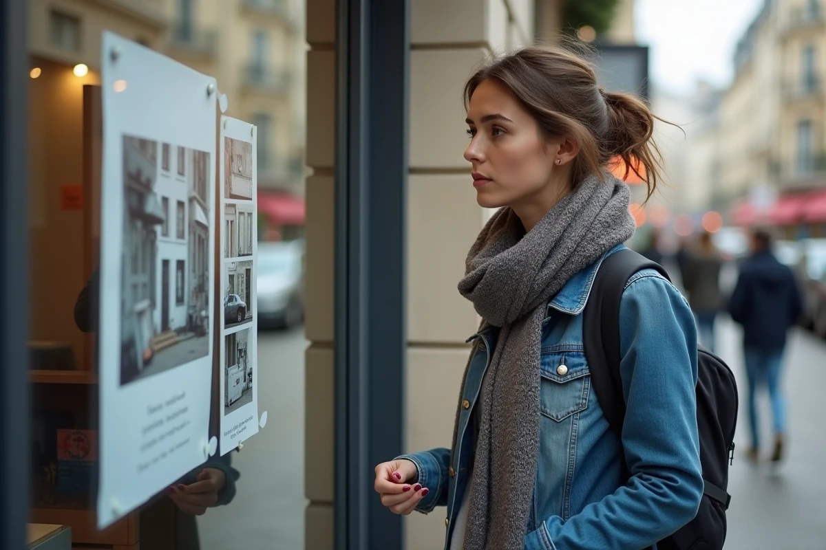 Jeune femme examine une annonce de location dans une rue urbaine parisienne