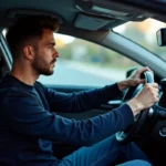 Jeune homme concentré dans une voiture moderne