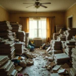 Intérieur d'un logement encombré par une accumulation compulsive d'objets, journaux et cartons empilés jusqu'au plafond illustrant la syllogomanie