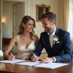 Couple signant les documents officiels lors d'un mariage humaniste légal dans une mairie française