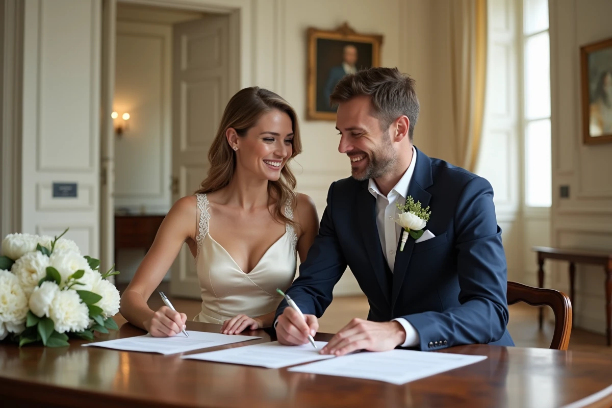 Couple signant les documents officiels lors d'un mariage humaniste légal dans une mairie française