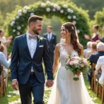 Jeune couple de mariés souriants dans un jardin lors de leur mariage