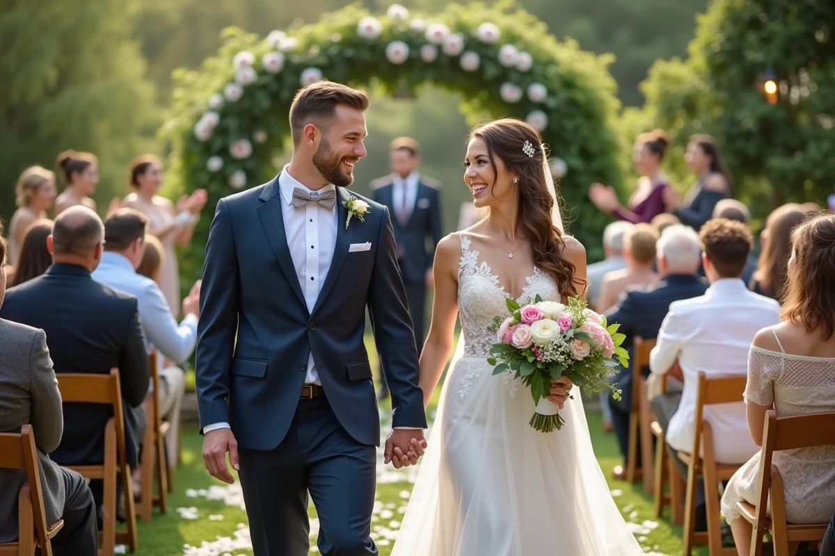 Jeune couple de mariés souriants dans un jardin lors de leur mariage