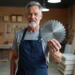 Menuisier examinant une lame de scie circulaire dans un atelier de menuiserie