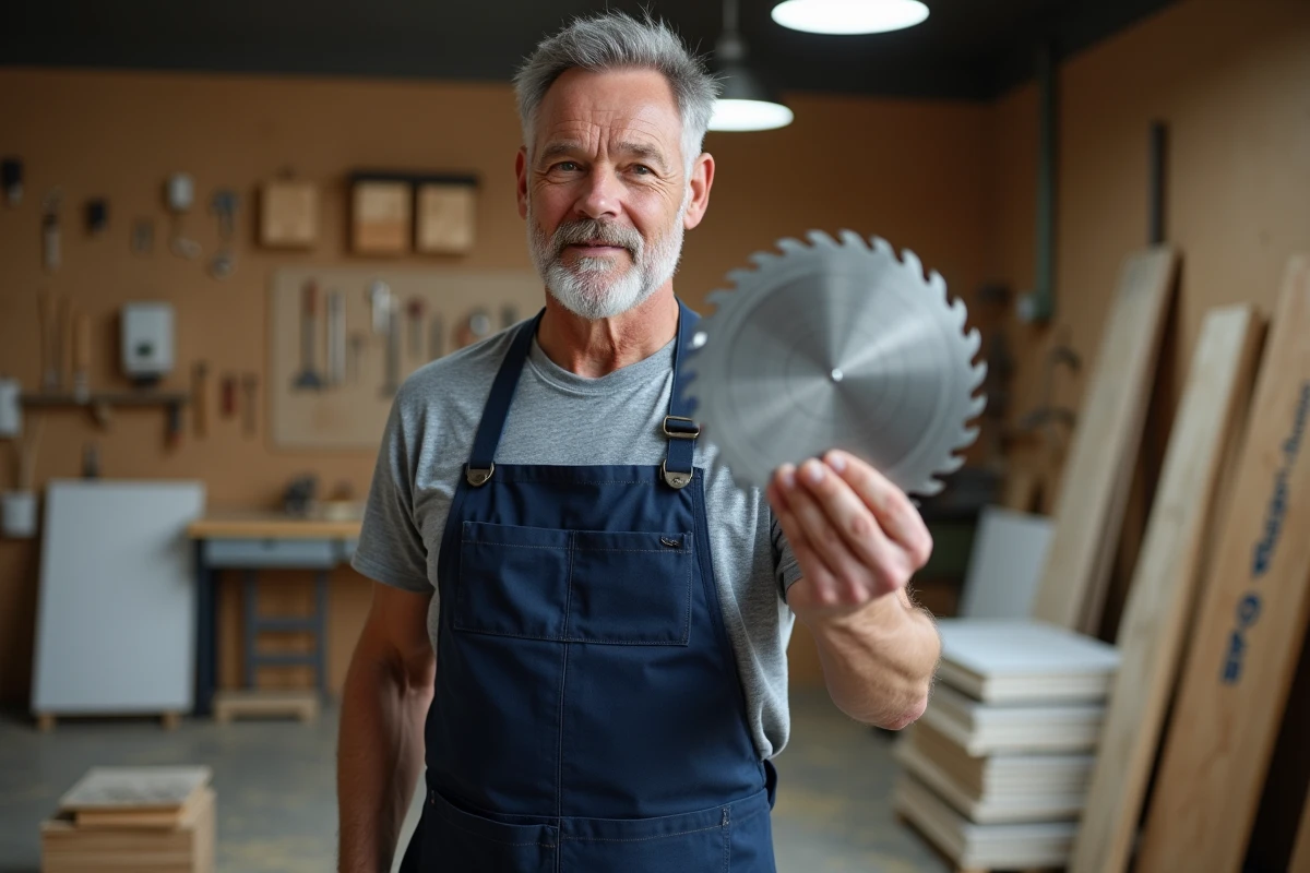 Menuisier examinant une lame de scie circulaire dans un atelier de menuiserie