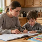 Mère aidant son enfant à faire ses devoirs à la table de cuisine avec des cahiers colorés