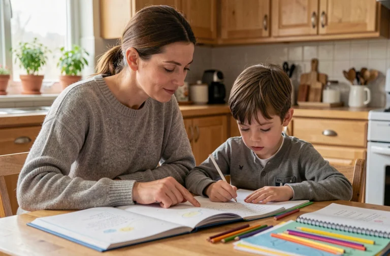 Mère aidant son enfant à faire ses devoirs à la table de cuisine avec des cahiers colorés