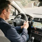 Homme consultant la mise à jour GPS sur l'écran tactile d'une Citroën C4 depuis le siège conducteur