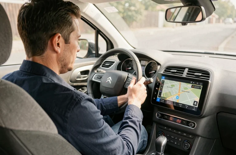 Homme consultant la mise à jour GPS sur l'écran tactile d'une Citroën C4 depuis le siège conducteur