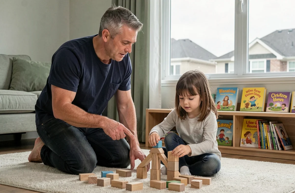 Père accompagnant sa fille dans un apprentissage par le jeu avec des blocs en bois dans le salon