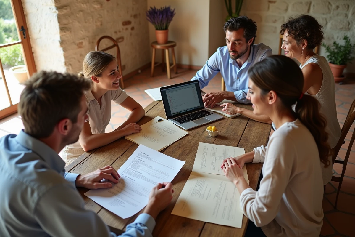 Groupe de personnes planifiant un mariage humaniste légal autour d'une table avec documents et liste de démarches administratives