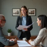Femme professionnelle souriante avec couple dans un bureau à Strasbourg